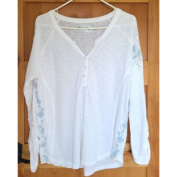 Aventura Organic Cotton Embroidered Floral Shirt LARGE Roll Tab Sleeves Beachy L - Picture 1 of 7
